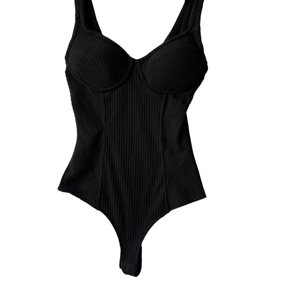 Black Ribbed Underwire Padded Bustier Thong Bodysuit S Y2K Cyberpunk Festival